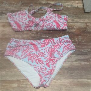 Pink & Blue Leaf Print High-Waist Bikini Set